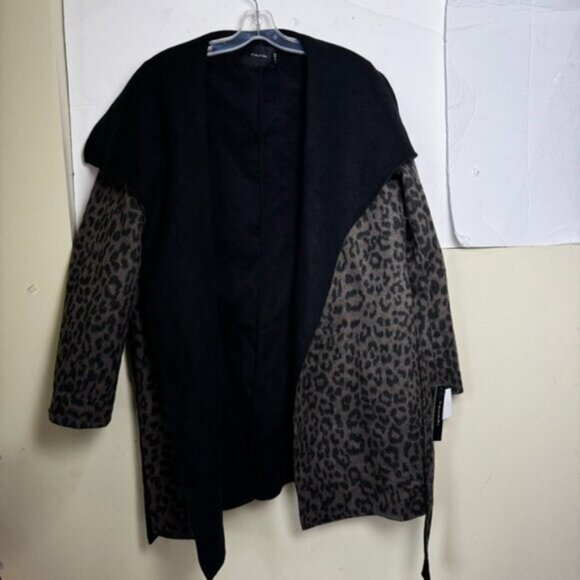 Tahari NEW Ella Leopard Animal Print Wrap Coat Wool Belt Shawl Jacket Pockets XL - Picture 11 of 16